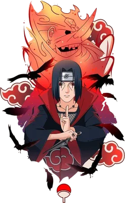 Hình ảnh Itachi Uchiha trong trang phục Akatsuki, với Susanoo màu đỏ rực phía sau và đàn quạ bay xung quanh.