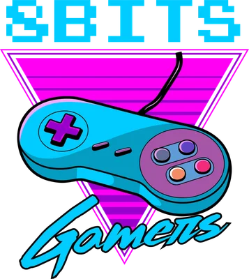 Hình minh họa tay cầm chơi game retro 8-bit màu xanh neon và tím, với chữ '8BITS' và 'Gamers' trên nền tam giác hồng tím.