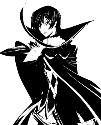 Hình ảnh Lelouch Lamperouge trong anime, vẽ theo phong cách đen trắng với áo choàng lớn và biểu cảm sắc sảo.
