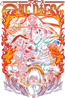 Hình ảnh minh họa các nhân vật One Piece trong bộ trang phục chiến đấu, bao quanh bởi hiệu ứng lửa và khói, với logo One Piece ở trên.