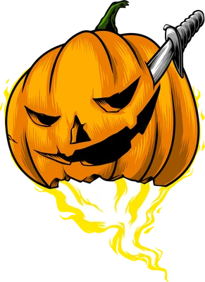 Hình minh họa bí ngô Halloween với khuôn mặt đáng sợ, lưỡi dao cắm vào và lửa bùng cháy bên dưới.