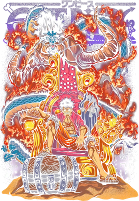 Hình ảnh minh họa Luffy ngồi trên ngai vàng rồng lửa Kaido, phong cách anime One Piece.