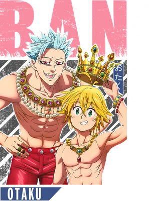 Hình ảnh Meliodas và Ban từ The Seven Deadly Sins, cả hai đều khoe cơ bắp và đeo trang sức lộng lẫy, với Meliodas đội vương miện.