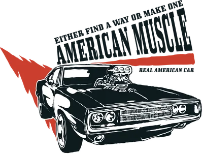 Hình minh họa xe cơ bắp Mỹ màu đen trắng với động cơ lộ thiên, kèm chữ 'AMERICAN MUSCLE' và 'REAL AMERICAN CAR'.