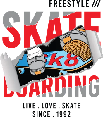 Hình ảnh ván trượt Freestyle Skateboarding với hiệu ứng rách giấy, có chữ 'SKATE' và 'BOARDING'