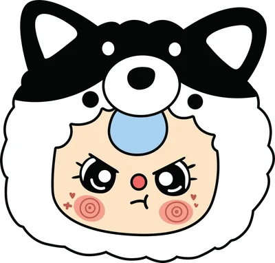 Hình vẽ hoạt hình chibi một bé gái hoặc bé trai đội mũ hình chó đen trắng, khuôn mặt hờn dỗi đáng yêu với má hồng và giọt nước mắt.