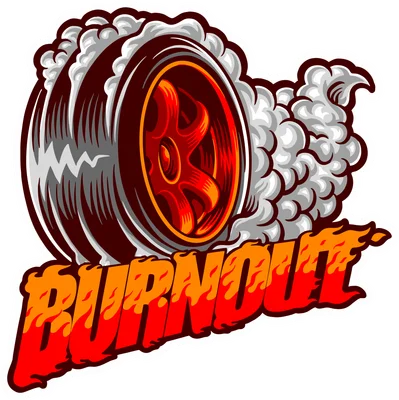 Hình ảnh lốp xe đang quay với khói trắng bốc lên và chữ "BURNOUT" được cách điệu bằng lửa.