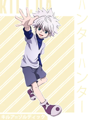 Hình vẽ chibi Killua Zoldyck từ Hunter x Hunter với mái tóc trắng, mắt xanh, đang vẫy tay chào.
