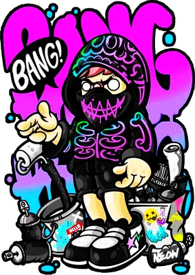 Hình vẽ nhân vật graffiti đeo khẩu trang, đội mũ trùm, tay cầm bình xịt, với hiệu ứng neon và chữ "BANG!"