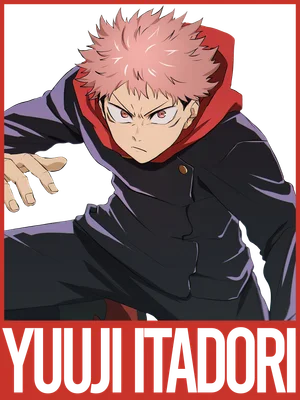 Hình ảnh Yuji Itadori, nhân vật anime với mái tóc hồng và đôi mắt đỏ, mặc áo hoodie đen và đỏ, tư thế sẵn sàng chiến đấu.