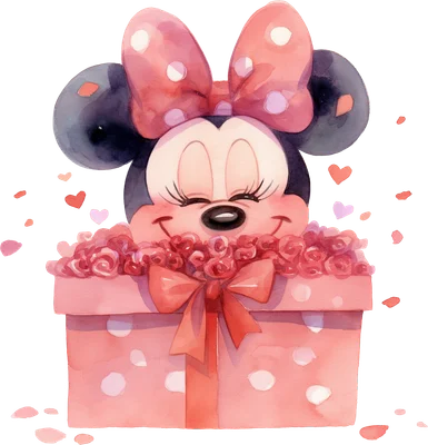 Hình ảnh Minnie Mouse hoạt hình dễ thương trong hộp quà màu hồng với hoa hồng và trái tim, phong cách màu nước.