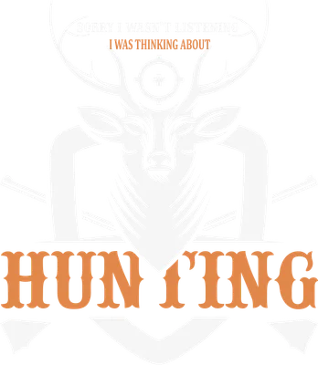 Hình đồ họa đầu hươu nai trắng với sừng, tâm ngắm và súng, kèm chữ 'HUNTING' màu cam trên nền xám.