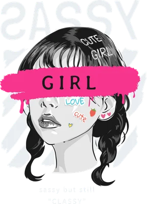 Hình minh họa cô gái trẻ với tóc đen, mắt bị che bởi vệt sơn hồng, có chữ SASSY và CUTE GIRL. Phong cách pop art.