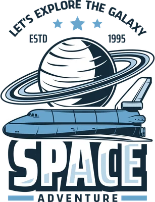 Hình ảnh phi thuyền màu xanh bay ngang qua hành tinh có vành đai, chữ 'SPACE ADVENTURE' lớn bên dưới.