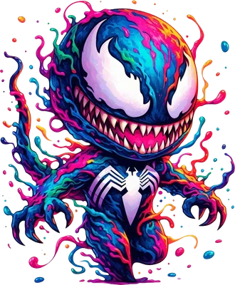 Hình ảnh Venom phiên bản chibi đầy màu sắc, với hiệu ứng sơn bắn tung tóe rực rỡ và logo nhện trắng trên ngực.