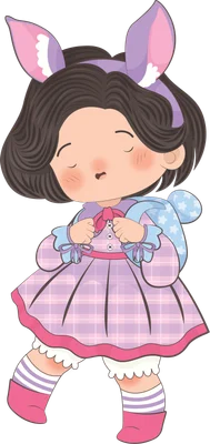 Hình vẽ cô bé chibi đội tai thỏ màu tím, mặc váy caro tím, ôm gấu bông xanh, chân đi tất sọc và ủng hồng.