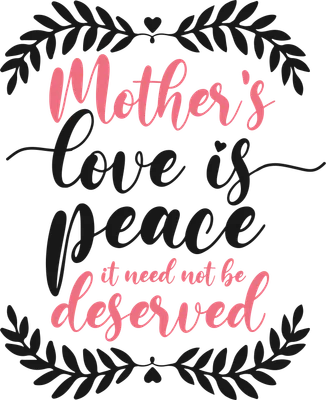 Hình ảnh chữ "Mother's love is peace it need not be deserved" với họa tiết lá và trái tim, màu hồng và đen trên nền xám.