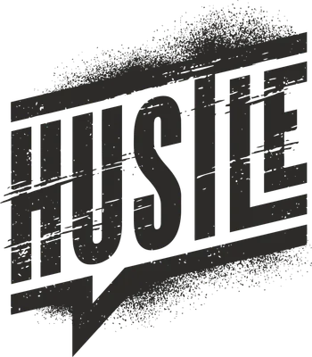 Chữ "Hustle" màu đen với hiệu ứng xước và phun sơn trên nền xám