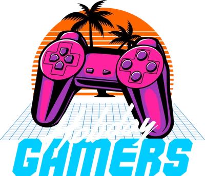 Hình minh họa tay cầm chơi game màu hồng tím phong cách retro, nền hoàng hôn cam, cây cọ đen và chữ "Holiday GAMERS".