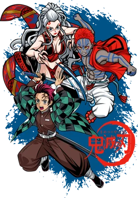 Ba nhân vật anime từ Demon Slayer: Tanjiro Kamado, Daki và Akaza, trong tư thế chiến đấu.