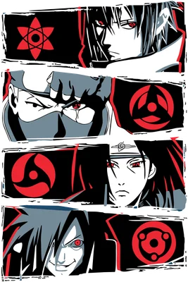 Bốn nhân vật anime Naruto với đôi mắt Sharingan đỏ rực, phong cách vẽ truyện tranh.