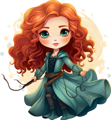 Hình minh họa chibi công chúa Merida tóc đỏ, mắt xanh, mặc váy xanh ngọc, phong cách hoạt hình dễ thương.