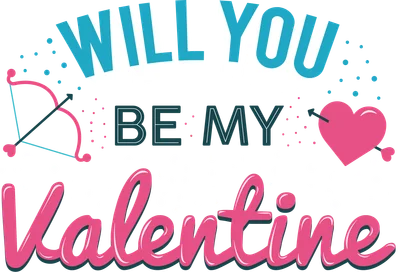 Hình ảnh lời tỏ tình 'WILL YOU BE MY VALENTINE' với chữ 3D xanh, chữ hồng viết tay, trái tim hồng bị tên xuyên và cung tên tình yêu trên nền xám.