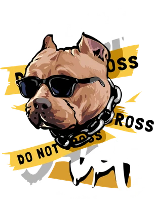 Hình minh họa chó Pitbull đeo kính râm và dây xích, với chữ 'KEEP OUT' và 'DO NOT CROSS' trên nền xám.