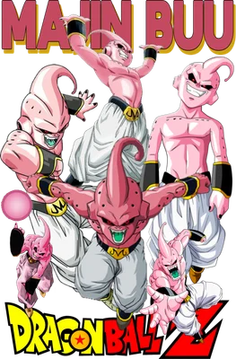 Nhiều phiên bản nhân vật Majin Buu từ Dragon Ball Z với các biểu cảm khác nhau, bao gồm cả logo Dragon Ball Z.
