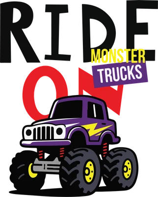 Hình minh họa xe tải quái vật màu tím với tia sét vàng, chữ 'RIDE ON MONSTER TRUCKS'