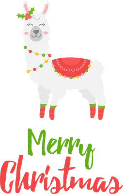 Hình ảnh minh họa một chú llama trắng đội vòng nguyệt quế, đeo dây đèn Giáng Sinh và mang tất đỏ, với dòng chữ 'Merry Christmas'.