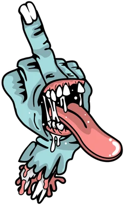 Hình minh họa tay zombie màu xanh ngón giữa, miệng há to với răng nanh và lưỡi dài thè ra, có nước dãi chảy xuống.