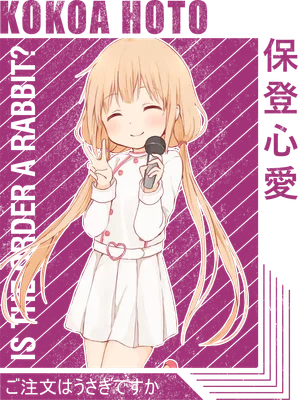 Hình ảnh anime cô gái tóc vàng, mặc váy trắng, cầm micro và tạo dáng chữ V, có chữ tiếng Nhật và tiếng Anh.