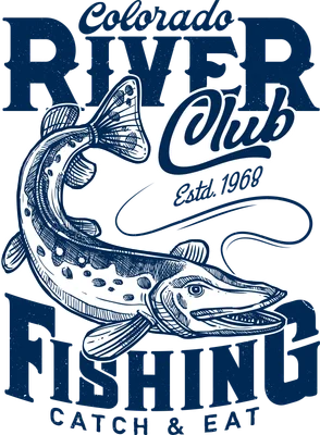 Hình minh họa cá lớn màu xanh trắng với chữ 'Colorado River Fishing Club Estd. 1969 Catch & Eat' trên nền xám.