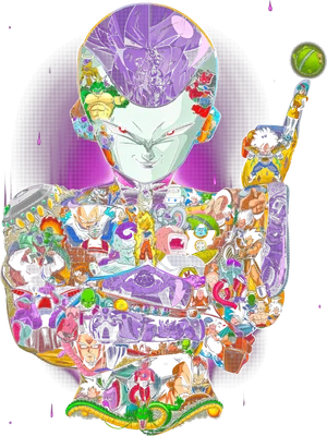 Hình ảnh Frieza được ghép từ nhiều nhân vật Dragon Ball Z khác nhau, tay phải cầm một quả cầu năng lượng.