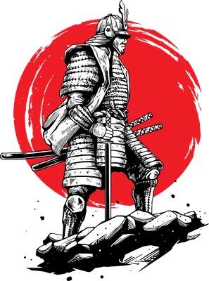 Hình vẽ chiến binh Samurai mặc giáp, tay cầm kiếm, đứng trên tảng đá, nền tròn đỏ.