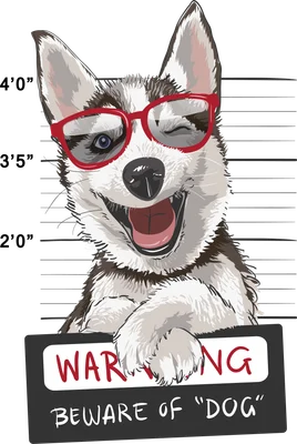 Hình minh họa chó Husky đeo kính đỏ, nháy mắt, cầm bảng cảnh báo phong cách ảnh mugshot