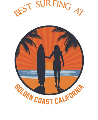 Hình ảnh cô gái đứng với ván lướt sóng trên bãi biển Santa Barbara, có cây cọ và hoàng hôn.