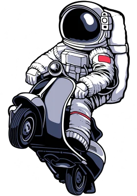 Hình vẽ phi hành gia đang lái xe máy Vespa bốc đầu trong không gian, phong cách hoạt hình
