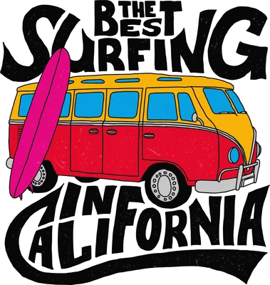 Hình vẽ xe bus cổ điển màu đỏ vàng với ván lướt sóng màu hồng bên cạnh, chữ "The Best Surfing In California"