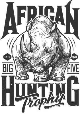 Hình ảnh minh họa tê giác châu Phi với dòng chữ 'African Big Hunting Trophy'