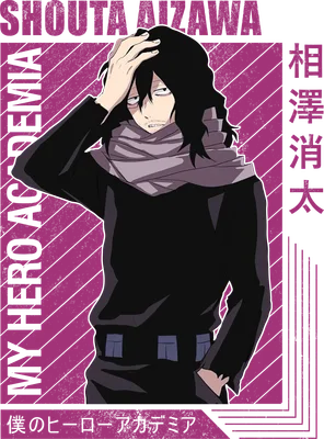 Hình vẽ Shota Aizawa từ My Hero Academia, tóc đen, đeo khăn xám, tay chạm đầu, biểu cảm mệt mỏi.