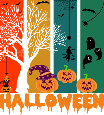 Hình ảnh minh họa chủ đề Halloween với bí ngô, mèo đen, phù thủy, ma và dơi trên nền nhiều màu.