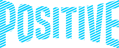 Chữ POSITIVE với hiệu ứng sọc xanh dương nổi bật trên nền màu xám.