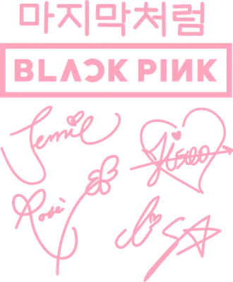 Logo BLACKPINK và chữ ký các thành viên Jennie, Jisoo, Rosé, Lisa màu hồng trên nền xám.