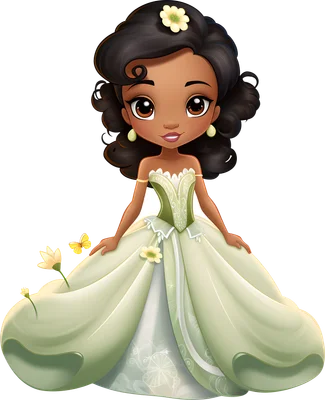 Hình ảnh công chúa Tiana chibi từ Disney, mặc váy dạ hội màu xanh lá cây nhạt, tóc xoăn đen, có hoa và bướm vàng.