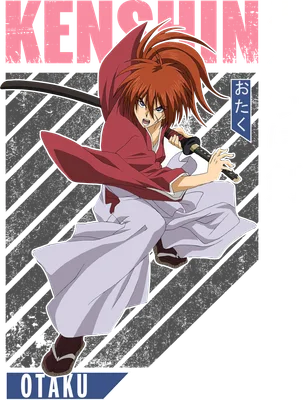 Hình ảnh Kenshin Himura, nhân vật anime với tóc đỏ, mặc áo đỏ và quần trắng, cầm kiếm.