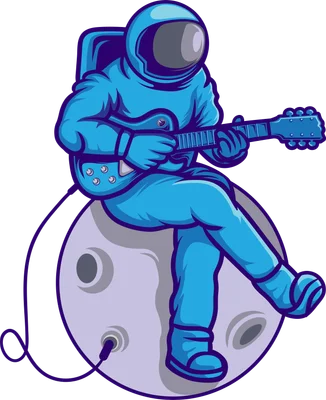 Hình minh họa phi hành gia màu xanh ngồi trên mặt trăng chơi đàn guitar điện, phong cách hoạt hình, nền xám.