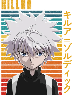 Hình vẽ nhân vật anime Killua Zoldyck với mái tóc trắng, mắt xanh, biểu cảm ngầu, trên nền sọc ngang retro.