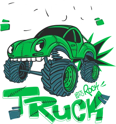 Hình minh họa xe tải quái vật màu xanh lá cây với bánh xe lớn, có chữ 'MONSTER TRUCK' và 'LET'S ROCK' trên nền xám.